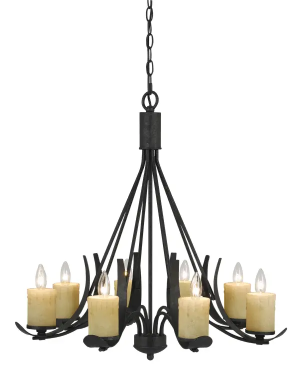 The Morelia 8-light chandelier combines industrial aesthetics with rustic warmth through its Black Smith finish. At 30 inches wide, it provides substantial presence and ample illumination for medium to large spaces.
