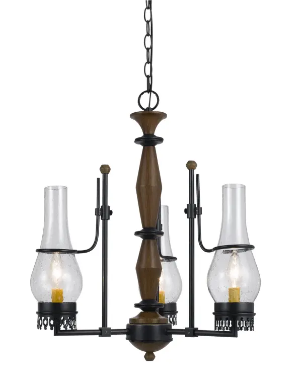 The Trenton three-light chandelier blends rustic wood with industrial metal for a warm, inviting aesthetic. Its compact 21-inch size makes it perfect for smaller dining areas, breakfast nooks, or kitchen islands.