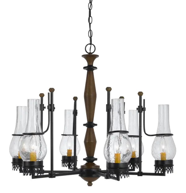 The Trenton 6-Light Chandelier combines warm wood tones with industrial metal framework, creating a statement piece perfect for farmhouse and transitional interiors. Its generous 30-inch width provides ample illumination.