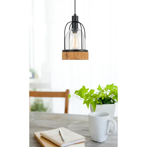 The Beacon Glass Pendant combines durable glass construction with a dark bronze wood finish for authentic industrial charm. Features adjustable 6-foot chain for flexible installation heights. - alternate view