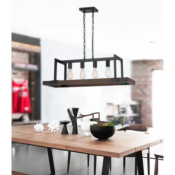 The Antonio Wood Chandelier brings rustic industrial character to dining and living spaces with its distinctive wood construction and dark bronze finish. The 38-inch linear design accommodates four Edison-style bulbs for customizable vintage appeal. - alternate view