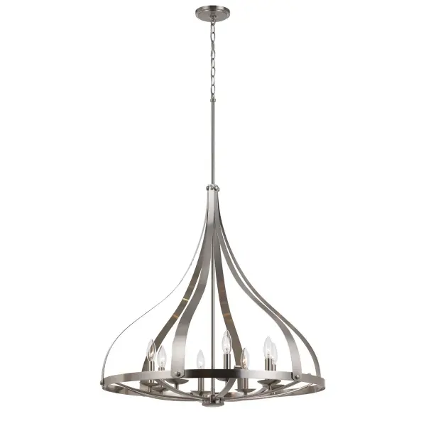The Meridian chandelier combines durable metal construction with a sophisticated brushed steel finish. With 8 lights and adjustable chain mounting, it provides ample illumination for medium-sized spaces.