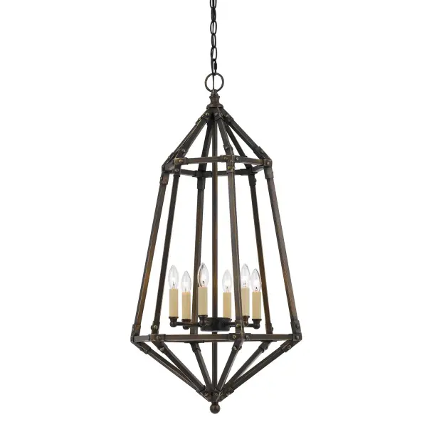 The Denmark pendant combines industrial style with transitional versatility. Its 6-light configuration and dark bronze metal construction deliver substantial illumination and visual impact for medium-sized spaces.