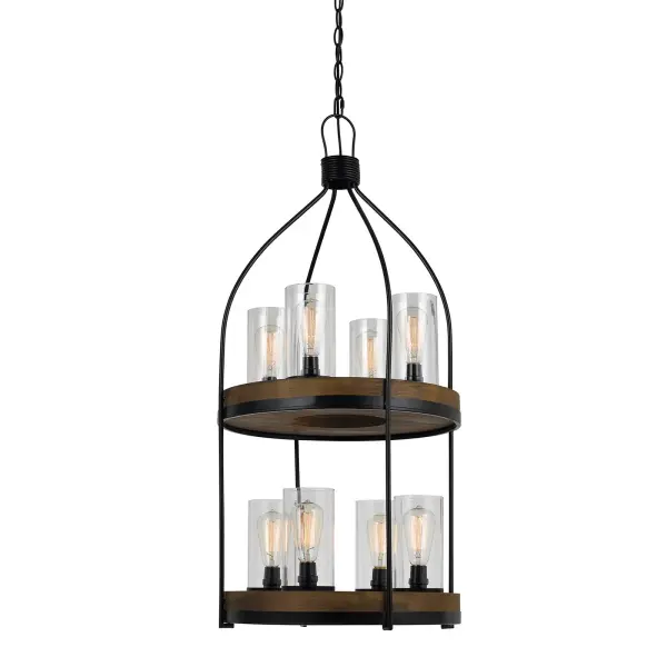 The Chardon chandelier combines durable metal framework with warm wood accents in an Iron Wood finish. This 8-light fixture spans 20 inches square and features an open industrial design perfect for modern farmhouse or rustic interiors.