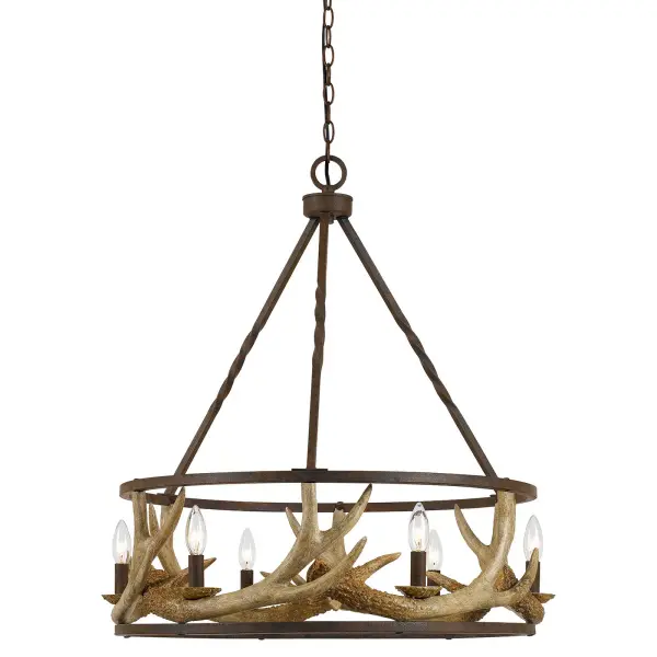 This 6-light antler chandelier combines rustic appeal with durable steel and resin construction. The 26-inch diameter and rust finish create an authentic lodge aesthetic perfect for casual dining and living spaces.