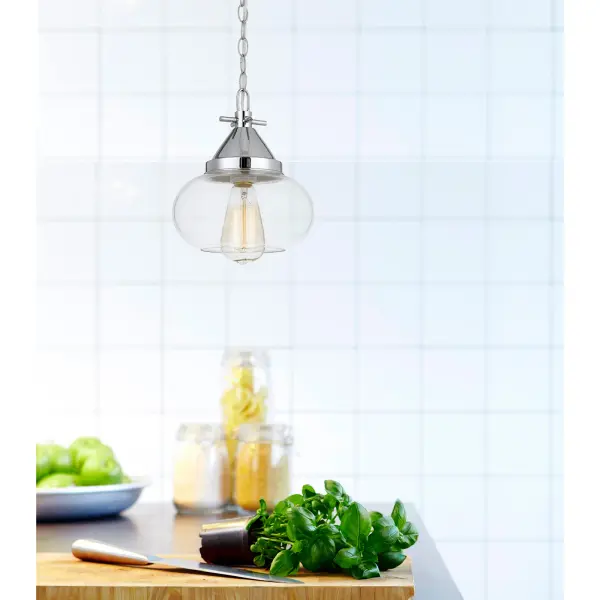 The Maywood pendant combines timeless industrial design with modern versatility. Its compact 8-inch glass shade and chrome finish make it ideal for kitchen islands, dining areas, or entryways. Requires Edison bulb for authentic vintage appeal. - alternate view