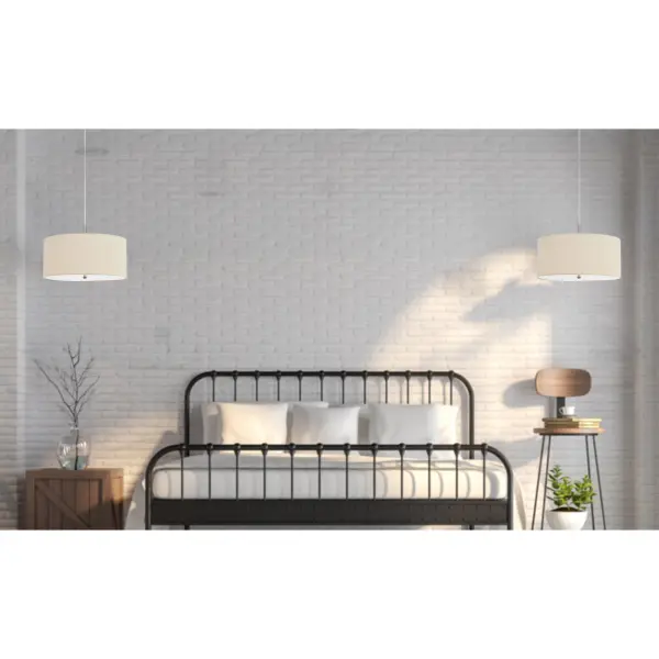 The Addison pendant features a timeless 18-inch drum shade in natural linen that diffuses light beautifully. Three 60W bulbs provide ample illumination while the neutral finish complements various décor styles from coastal to contemporary. - alternate view