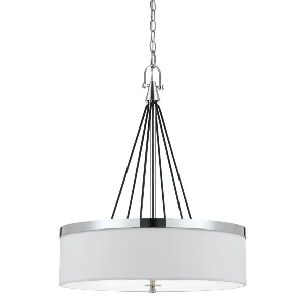 The Rimini pendant combines durable metal construction with a sophisticated hardback fabric shade, offering warm ambient lighting for dining and living spaces. The included acrylic diffuser ensures even light distribution.