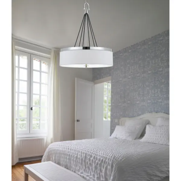 The Rimini pendant combines durable metal construction with a sophisticated hardback fabric shade, offering warm ambient lighting for dining and living spaces. The included acrylic diffuser ensures even light distribution. - alternate view