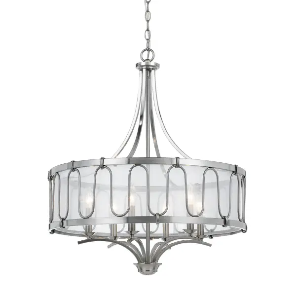 The Vincenza chandelier combines durable metal construction with a sophisticated round smoky organza shade, creating ambient lighting perfect for dining and living spaces. Six 60W bulbs provide ample illumination.