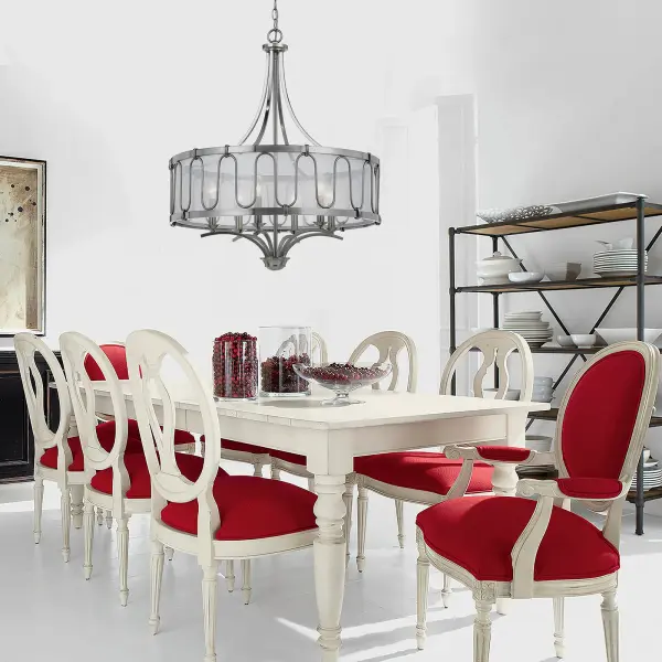 The Vincenza chandelier combines durable metal construction with a sophisticated round smoky organza shade, creating ambient lighting perfect for dining and living spaces. Six 60W bulbs provide ample illumination. - alternate view
