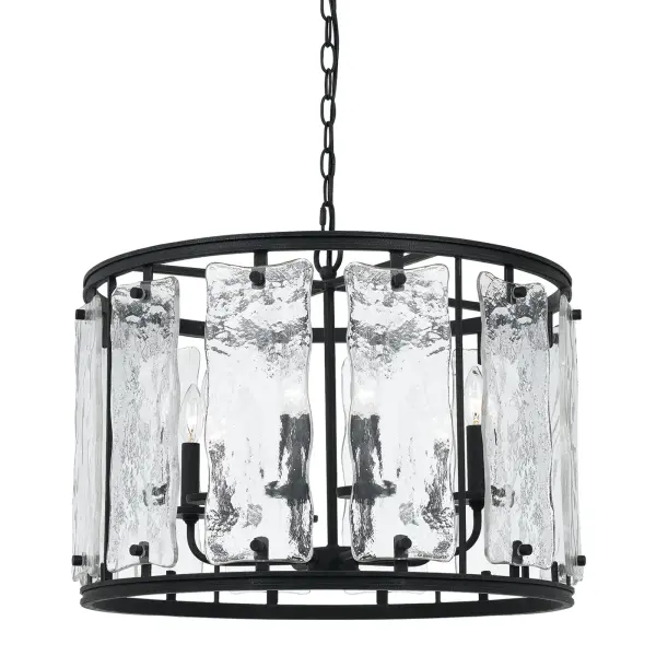 The Everette chandelier combines durable metal construction with distinctive texturized glass shade panels, creating ambient lighting perfect for dining spaces. Its 24-inch square profile suits medium-sized rooms.