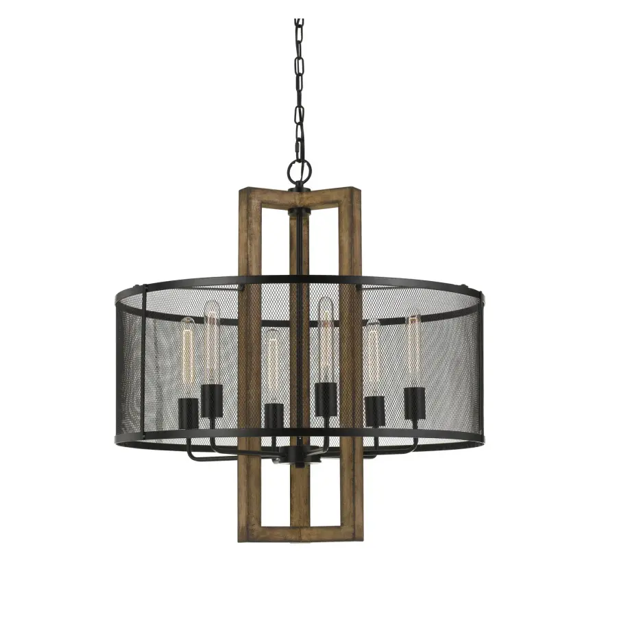 Industrial-Chic Wood Chandelier with Distinctive Mesh Shade Design - Image 1