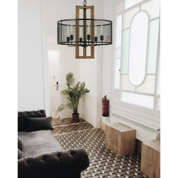 Industrial-Chic Wood Chandelier with Distinctive Mesh Shade Design - Image 2