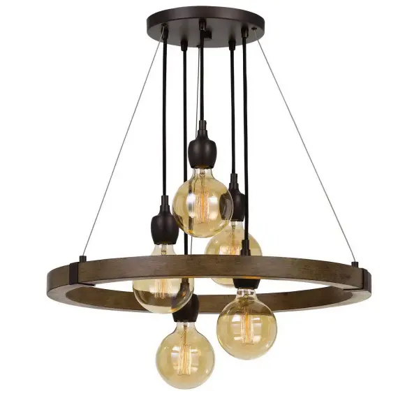 The Martos chandelier combines natural wood construction with industrial metal accents for authentic farmhouse appeal. Five Edison bulbs create warm ambient lighting perfect for casual dining spaces and kitchen islands.