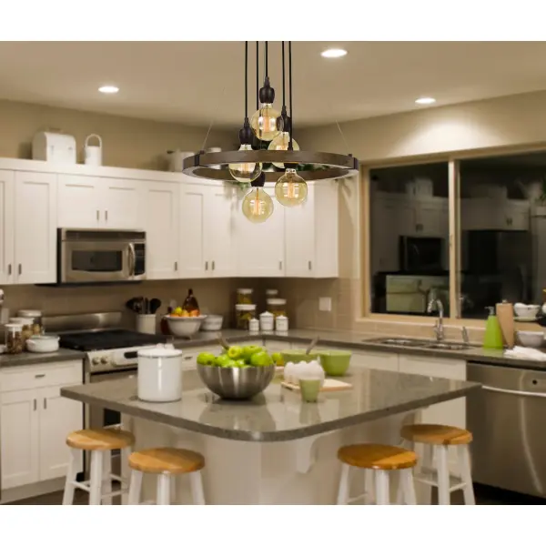 The Martos chandelier combines natural wood construction with industrial metal accents for authentic farmhouse appeal. Five Edison bulbs create warm ambient lighting perfect for casual dining spaces and kitchen islands. - alternate view