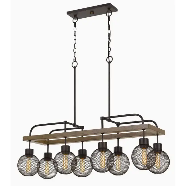 The Forio brings industrial charm with 8 mesh orb shades arranged in a linear configuration. Wood and iron finish blend rustic warmth with modern edge, perfect for farmhouse-industrial spaces. Edison bulbs sold separately for customizable vintage appeal.