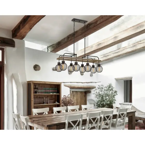 The Forio brings industrial charm with 8 mesh orb shades arranged in a linear configuration. Wood and iron finish blend rustic warmth with modern edge, perfect for farmhouse-industrial spaces. Edison bulbs sold separately for customizable vintage appeal. - alternate view