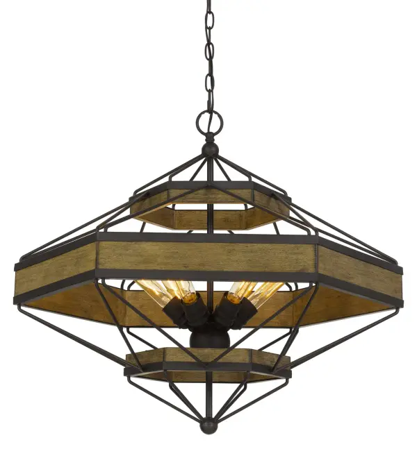 The Alicante six-light chandelier combines natural wood tones with matte black metal accents for a striking rustic-industrial aesthetic. Its 26-inch width makes it versatile for medium-sized spaces.
