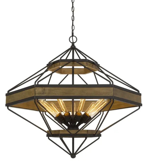 The Alicante nine-light chandelier combines natural wood tones with matte black metal accents for a striking rustic-industrial aesthetic. Its generous 30.75-inch diameter makes it perfect for large dining spaces and open-concept areas.