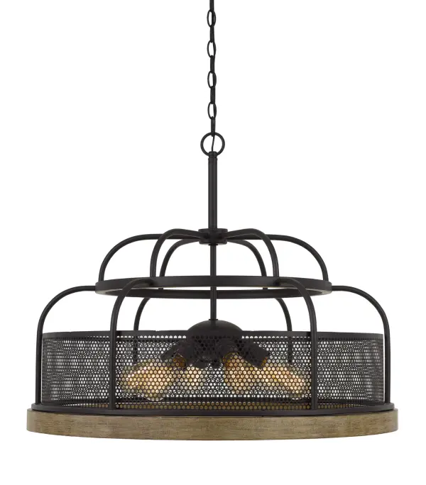 The Akaki chandelier blends iron metalwork with light oak accents for a warm, inviting aesthetic. Its six-light design provides ample illumination while the mixed materials add textural interest perfect for modern farmhouse interiors.