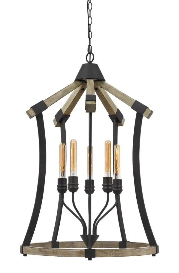 The Dali five-light chandelier combines the rustic appeal of iron with the organic warmth of light oak, creating a versatile fixture that bridges traditional and contemporary design. Its 24-inch width makes it perfect for medium-sized dining spaces.