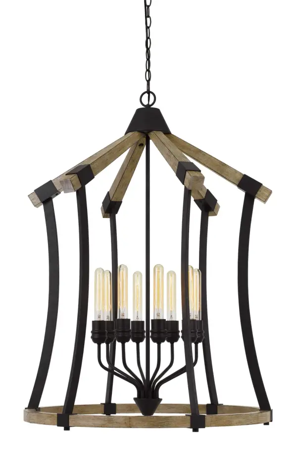 Dali Eight Light Chandelier in Iron and Light Oak