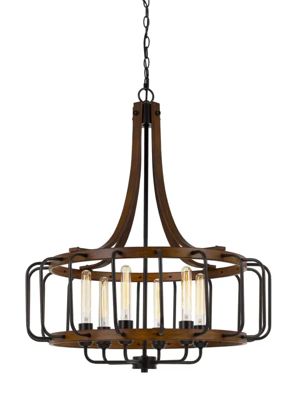 The Kellia chandelier blends rustic farmhouse charm with industrial design through its iron framework and dark oak wood accents. Six lights provide ample illumination for dining and gathering spaces while the 28-inch width offers substantial presence without overwhelming medium-sized rooms.