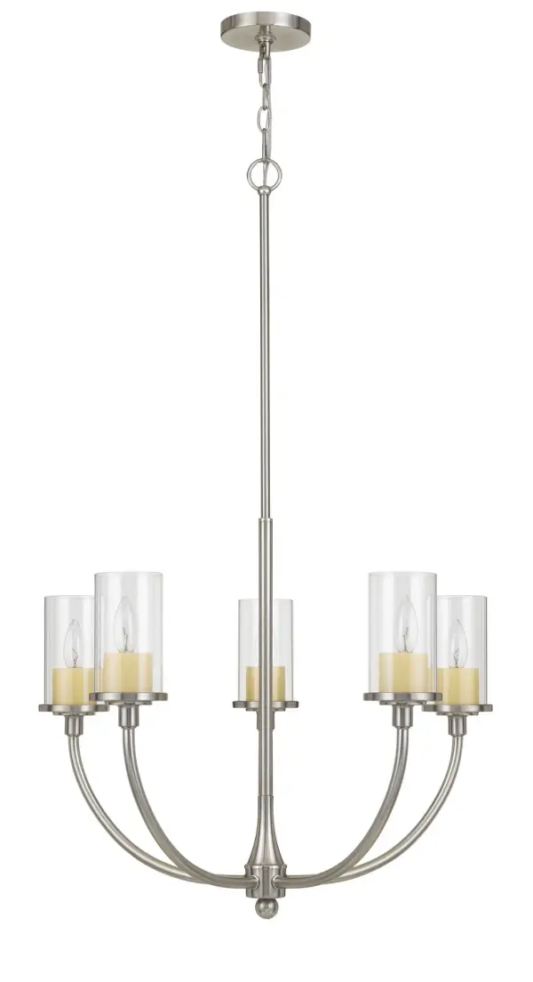 The Jervis chandelier brings modern sophistication with its brushed steel finish and five-light configuration. At 26.5 inches wide, it's perfectly sized for medium dining rooms and entryways, offering ample illumination.