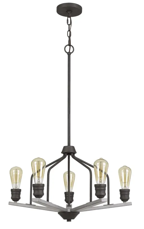 The Corming chandelier blends textured bronze metalwork with warm drifted wood accents, creating a sophisticated rustic statement piece. Five lights provide ample illumination while the 24-inch width makes it versatile for medium-sized spaces.