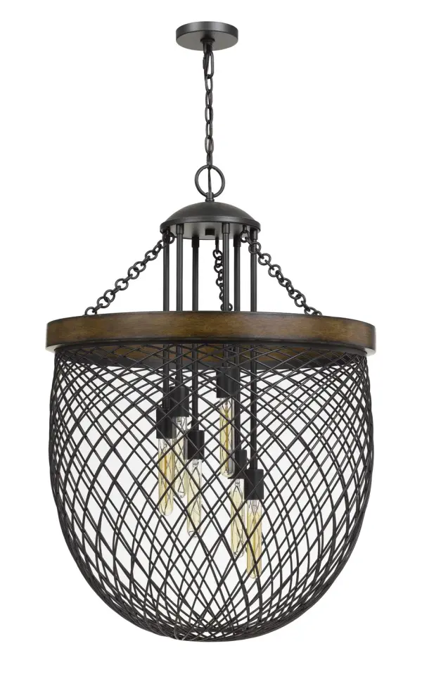 The Marion chandelier combines warm bronze metalwork with natural wood accents, creating a stunning focal point that bridges rustic and contemporary design. Its six lights provide ample illumination while the 26-inch width makes it perfect for medium to large dining spaces.
