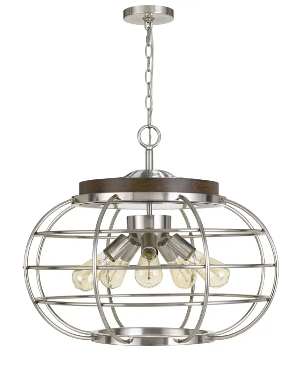 The Liberty chandelier combines brushed steel with natural wood accents for a sophisticated industrial aesthetic. Its five-light configuration provides ample illumination while the mixed materials add warmth and texture.