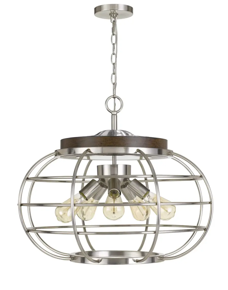 Liberty Five Light Chandelier in Brushed Steel and Wood