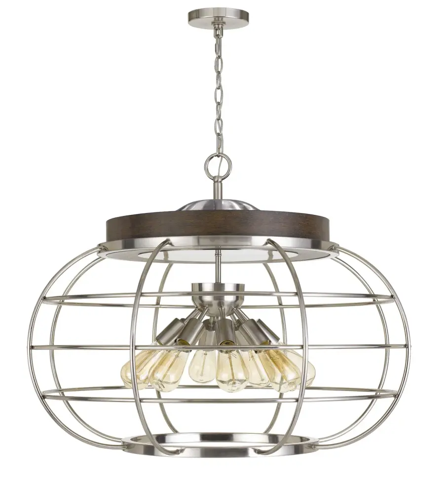 Liberty Eight Light Chandelier in Brushed Steel and Wood