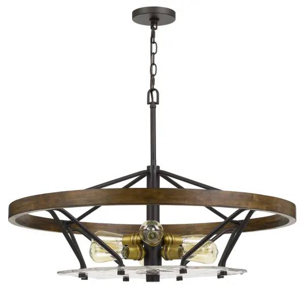 The Sherrill chandelier combines warm bronze metalwork with natural wood accents to create a statement piece that bridges rustic charm and contemporary design. Its six-light configuration provides ample illumination.