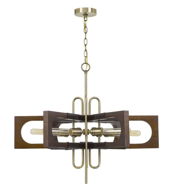 The Sneek chandelier blends antique brass metalwork with natural wood elements for a sophisticated transitional look. Six lights provide ample illumination while the 30-inch width makes it perfect for medium to large dining spaces.