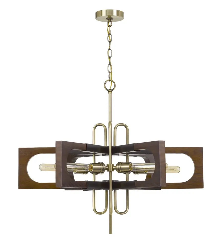 Sneek Six Light Chandelier in Antique Brass and Wood