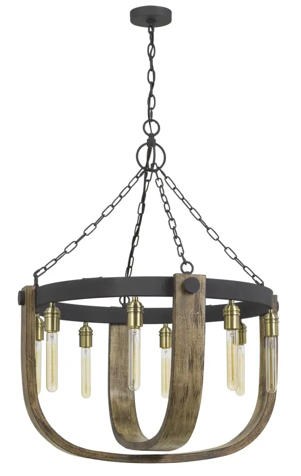 The Apulia chandelier combines light oak wood with iron accents for authentic farmhouse charm. Its generous 30-inch width and eight lights provide substantial illumination for large dining spaces and open-concept areas.
