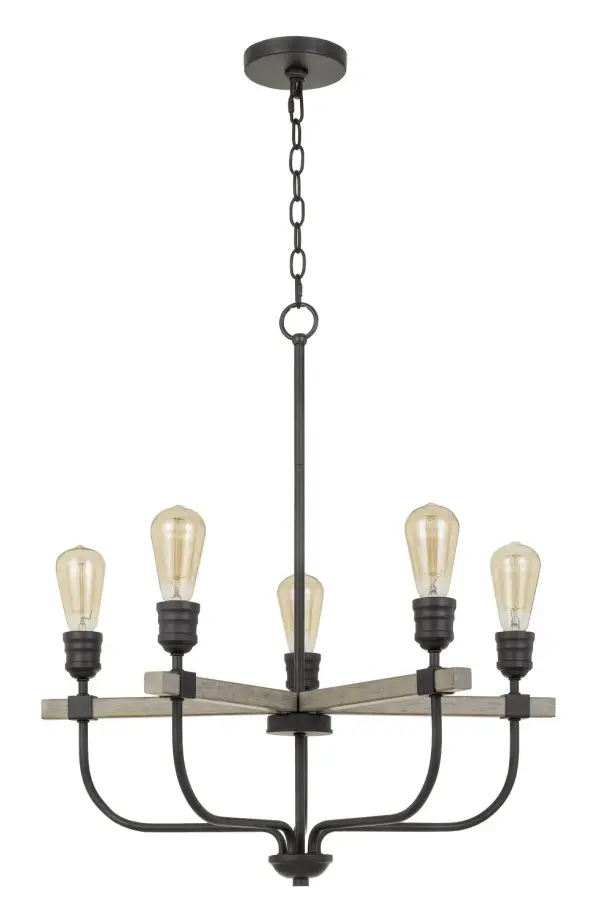 The Sion chandelier blends natural wood warmth with iron accents for authentic farmhouse appeal. Five lights provide ample illumination while the 26-inch width suits medium-sized spaces perfectly.
