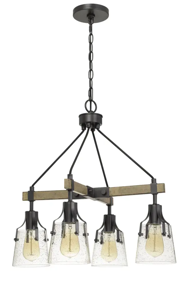 The Aosta chandelier blends natural wood warmth with industrial iron accents, creating a versatile fixture perfect for farmhouse and rustic-modern spaces. Its four-light design provides ample illumination while maintaining an approachable scale.