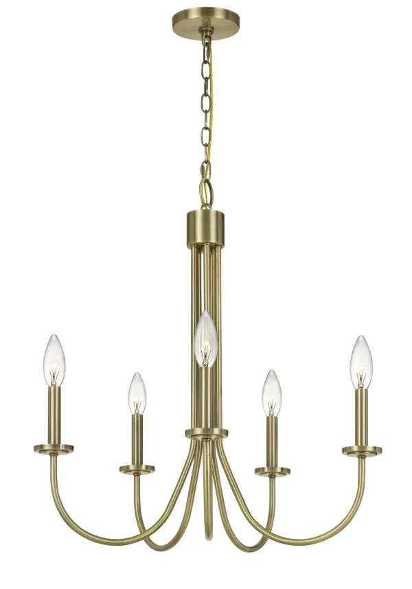 The Spiez chandelier brings timeless elegance with its five-light configuration and warm antique brass finish. At 24.5 inches wide, it's perfectly sized for medium dining rooms and entryways, offering versatile traditional styling.