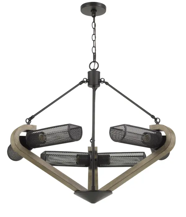 The Baden chandelier combines natural wood warmth with industrial iron accents, creating a statement piece perfect for farmhouse and transitional interiors. Its six lights provide ample illumination while the 32-inch span suits medium to large spaces.
