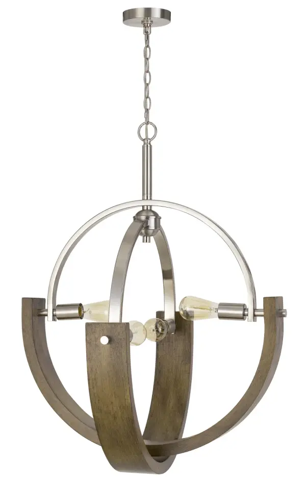 The Rauma chandelier blends natural wood with brushed steel for a sophisticated Nordic-inspired look. Its four-light configuration provides ample illumination while the mixed materials add textural interest to any space.
