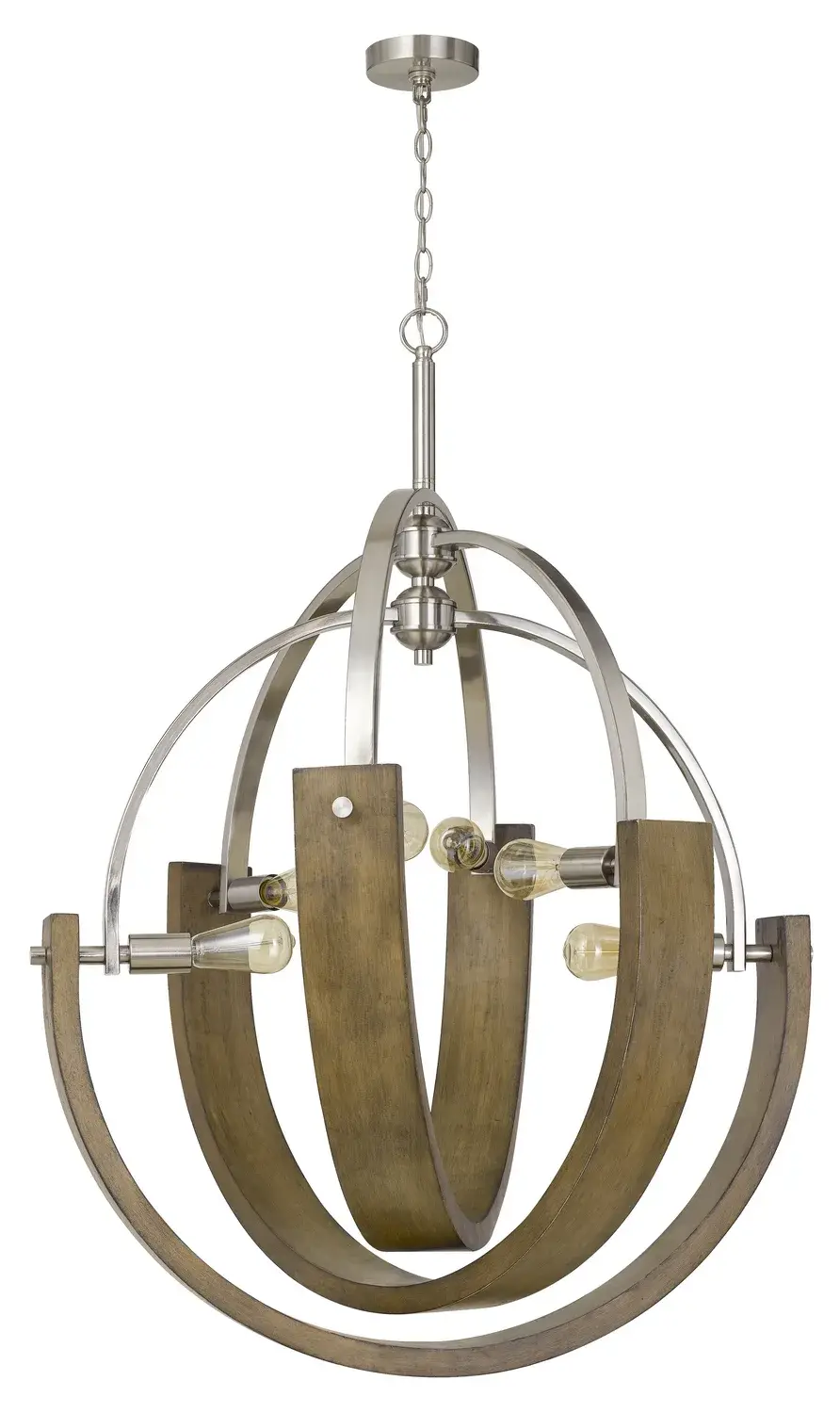 Rauma Six Light Chandelier in Wood and Brushed Steel