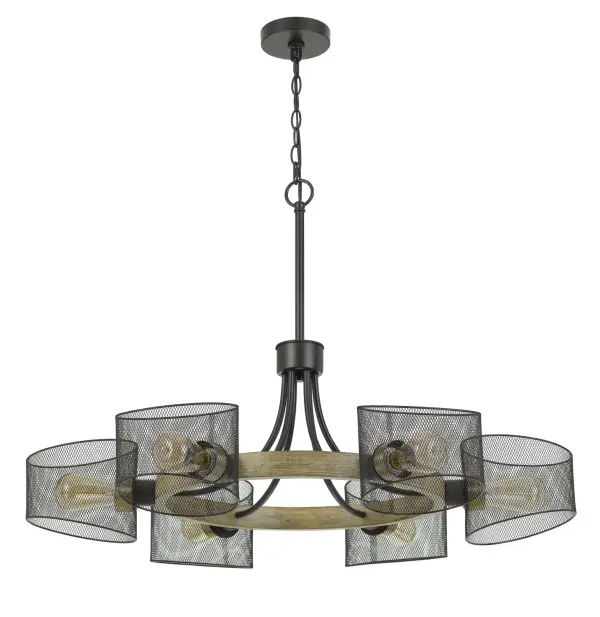 The Dronten chandelier combines natural wood warmth with bold black metal accents in a striking 36-inch linear design. Six lights provide ample illumination while the mixed-material construction adds textural interest to farmhouse and transitional spaces.