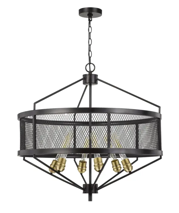 The Halle six-light chandelier combines matte black and antique brass finishes for a sophisticated transitional look. At 30 inches wide, it makes a bold statement while maintaining versatility across design styles.