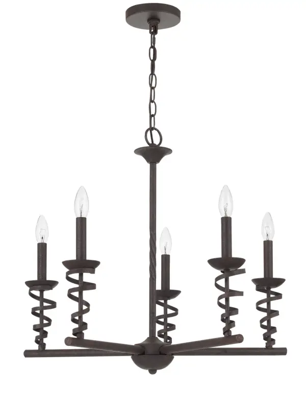 The Forbach chandelier brings industrial sophistication with its textured black finish and five-light configuration. Its substantial 43.5-foot length makes it perfect for large dining spaces and kitchen islands.