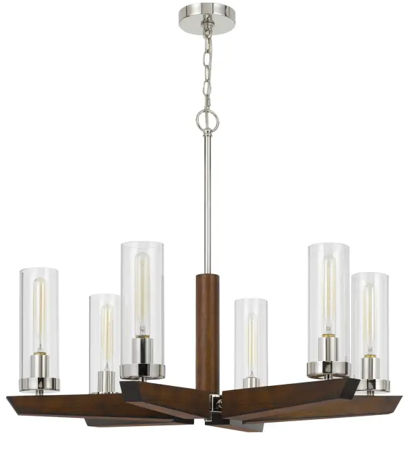 Ercolano Six Light Chandelier in Wood and Brushed Steel