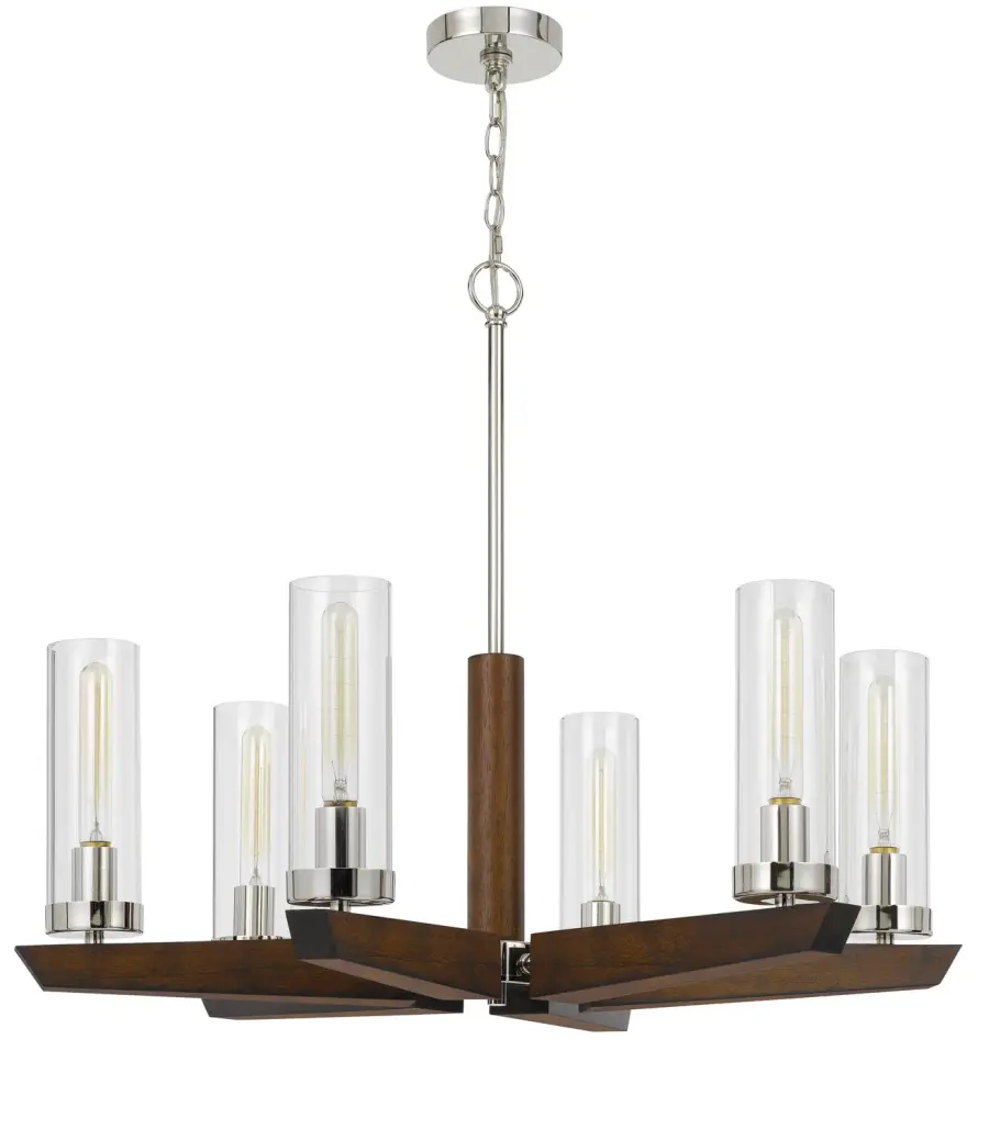 Ercolano Six Light Chandelier in Wood and Brushed Steel