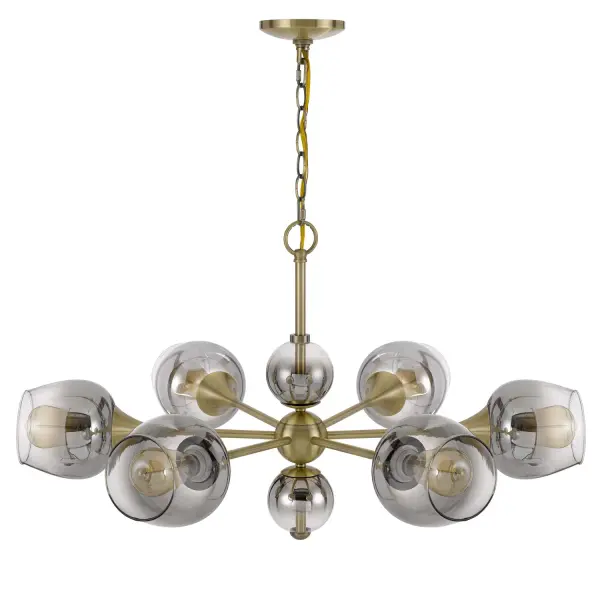The Pendelton six-light chandelier makes a bold statement with its impressive 68.5-inch length and classic antique brass finish. Perfect for large dining rooms or grand foyers, this fixture combines traditional elegance with substantial presence.